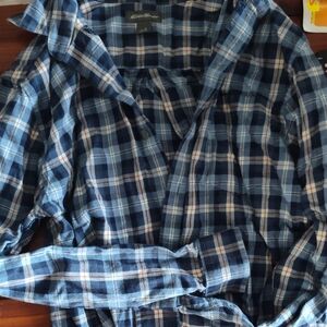 Eddie Bauer Navy and White Plaid Men's Shirt